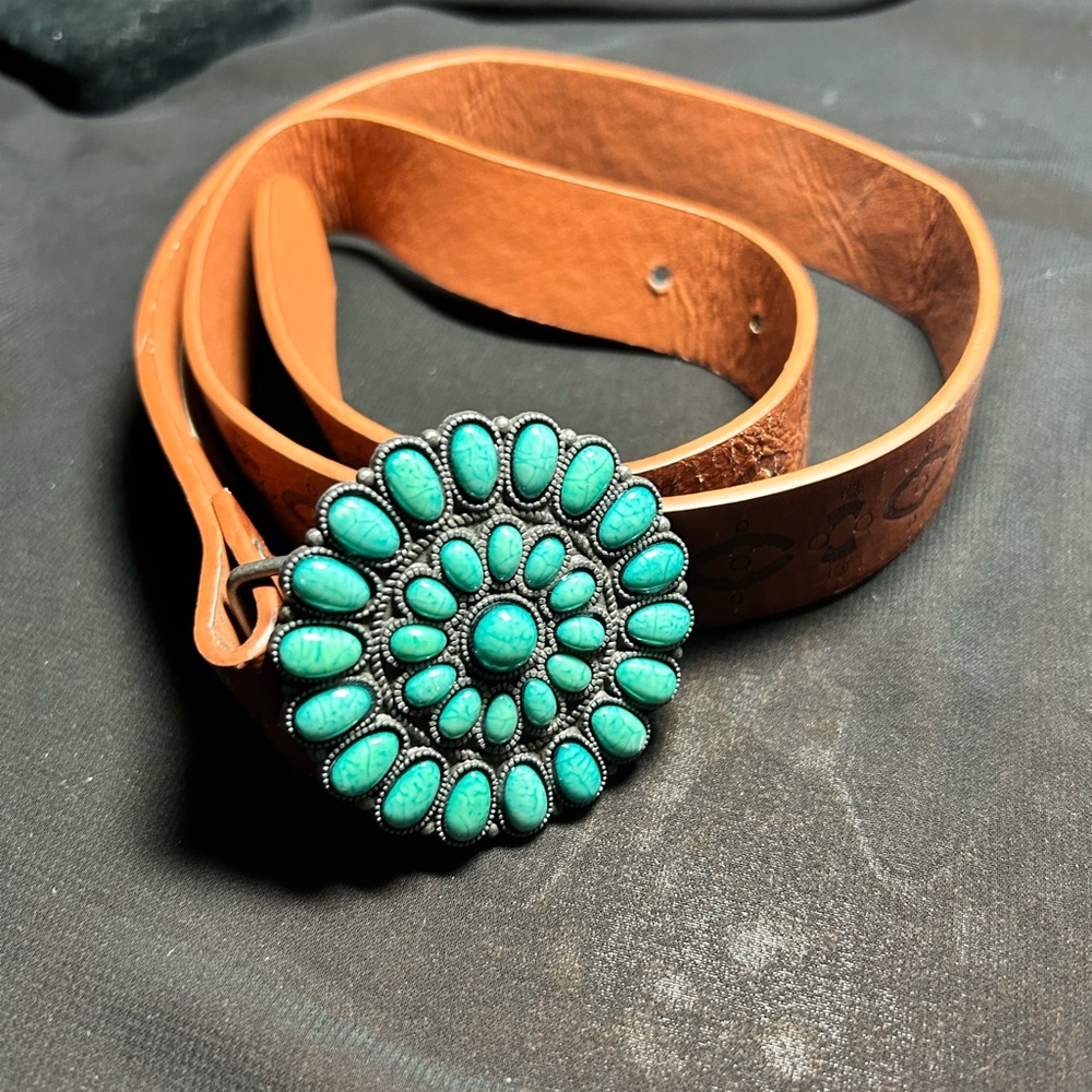 Blue and Brown Pleather  Belt with Turquoise Buckle. Unbranded